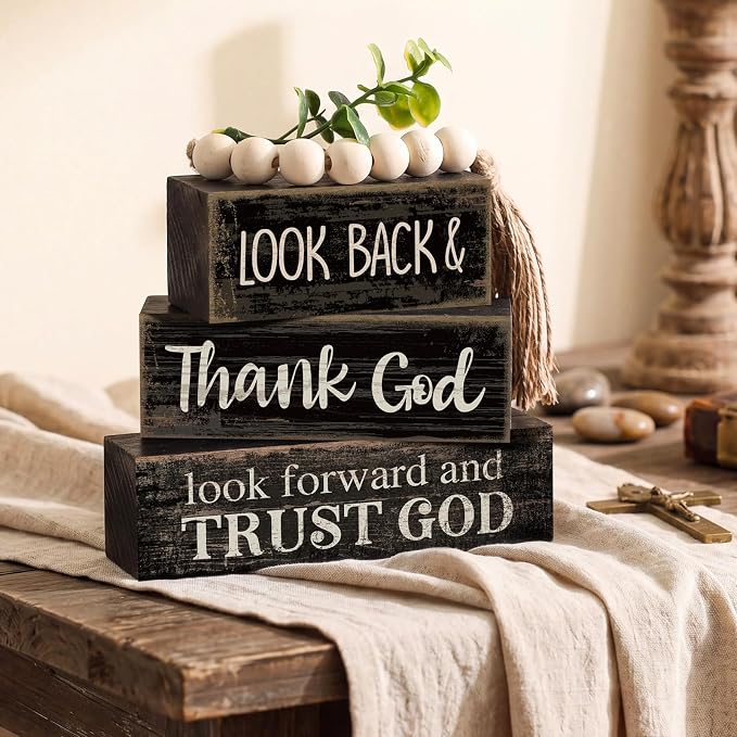 Moucuny 4 Pcs Farmhouse Table Decor Inspirational Wooden Signs Rustic Eucalyptus Leaves Wooden Block Sign Gift Thank and Trust God Farmhouse Table Centerpiece for Living Room Housewarming Gift - Image 2