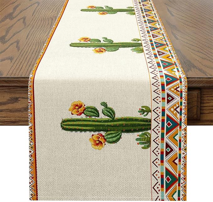 jejeloiu Green Cactus Table Runner,13" x 108" Boho Western Dresser Scarfs Aztec Decor Dresser Runners Southwestern Table Decor for Kitchen - Image 2