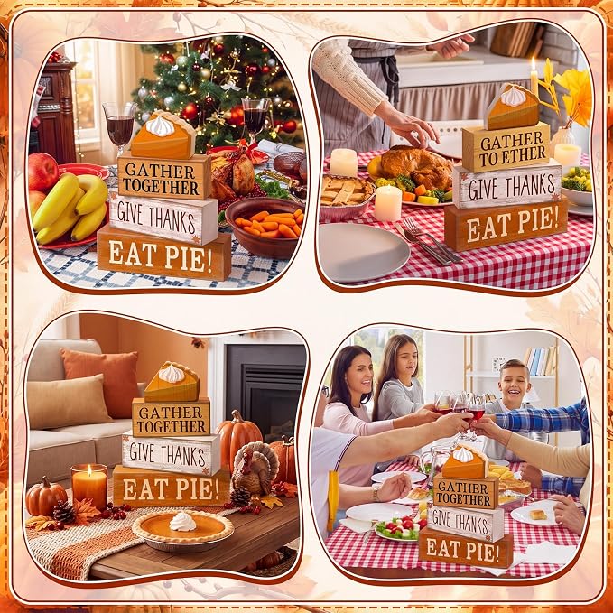Moucuny 4 Pcs Fall Coffee Table Decor Fall Decoration for Home Wooden Stacked Block with Pie Topper Rustic Thanksgiving Tiered Tray Decor for Autumn Harvest Party Home Kitchen Coffee Bar - Image 5