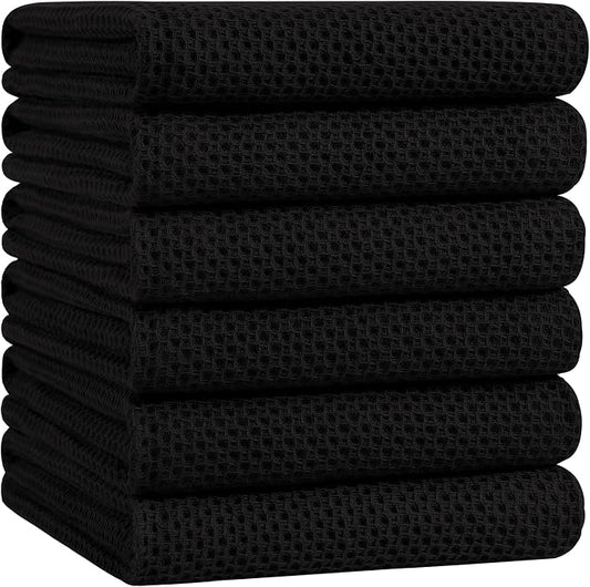 Homaxy 100% Cotton Oversized Waffle Weave Kitchen Towels 6-Pack, Black | 20 x 28 Inches, Ultra Soft Absorbent Dish Towels, Quick Drying Large Cleaning Towels by Homaxy
