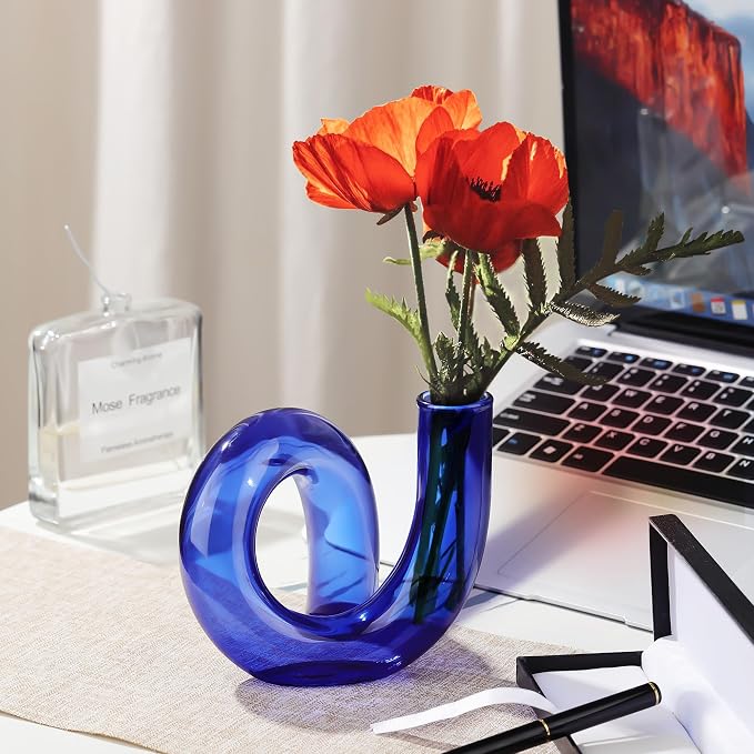 Joeyan Handmade Small Blue Glass Flower Vase,Decorative Geometric Glass Bud Vase for Modern Home Centerpieces Living Room Office,4.72" Abstract Vase for Single Flower and Dry Flowers - Image 4