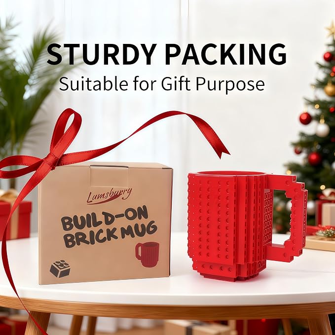 Lumsburry Build-on Brick Coffee Mug, Funny DIY Unique Novelty Drinking Cup | Building Blocks Creative Mug, for Men Women Kids Dad Mom, Present Exchange Ideas, Xmas Birthday White Elephant(Red) - Image 7
