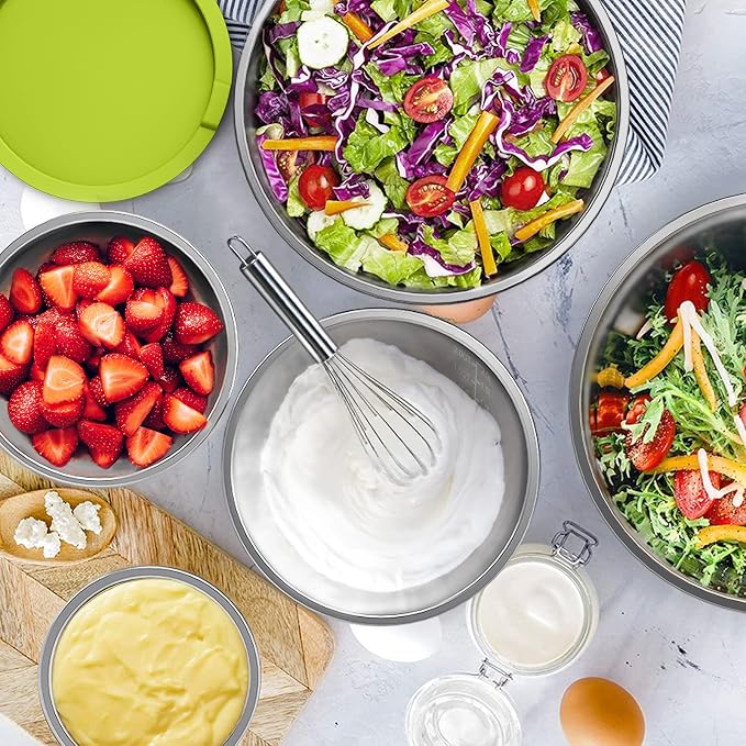 Wildone Mixing Bowls with Airtight Lids, Stainless Steel Mixing Bowls Set | Metal Bowls with 3 Grater Attachments & Non-Slip Bottom, Size 5, 4, 3, 2,1.5, 0.63QT, Includes Utensil Set for Prep, Colored - Image 6