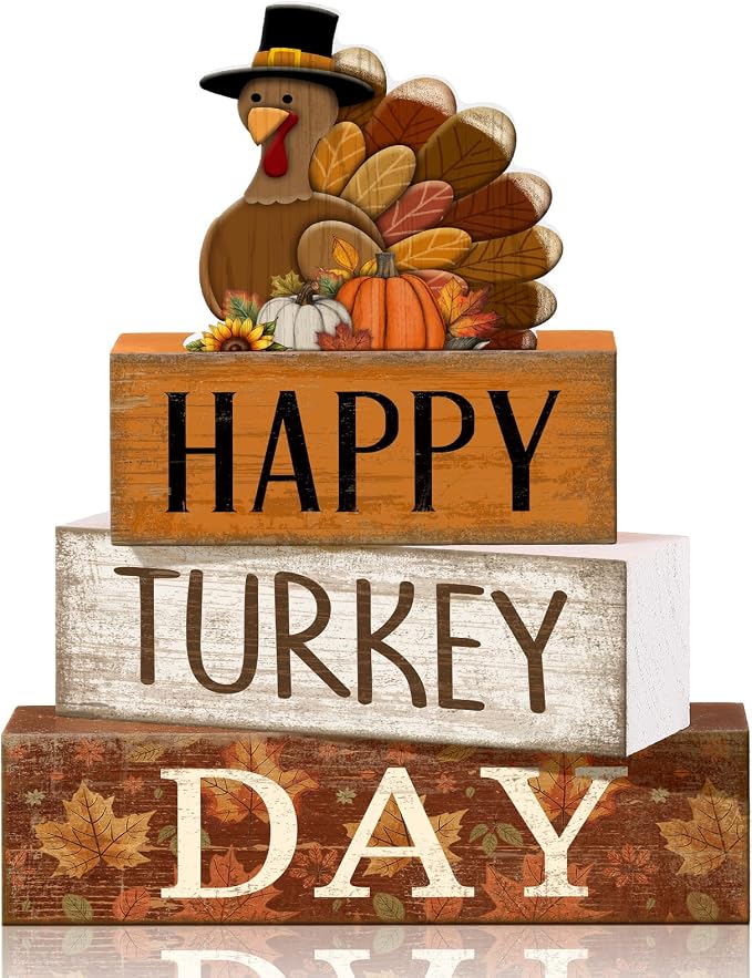 Moucuny 4 Pcs Fall Table Decorations for Home Thanksgiving Turkey Wooden Stacked Sign Decor Thanksgiving Tiered Tray Decor Rustic Happy Turkey Day Block Sign for Autumn Harvest Party Kitchen Shelf by Moucuny