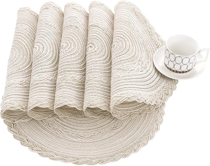 SHACOS 15 inch Round Braided Placemats Set of 12 for Dining Table Woven Boho Place Mats Kitchen Placemat Washable Table Mats, Ivory Bordered - Image 4