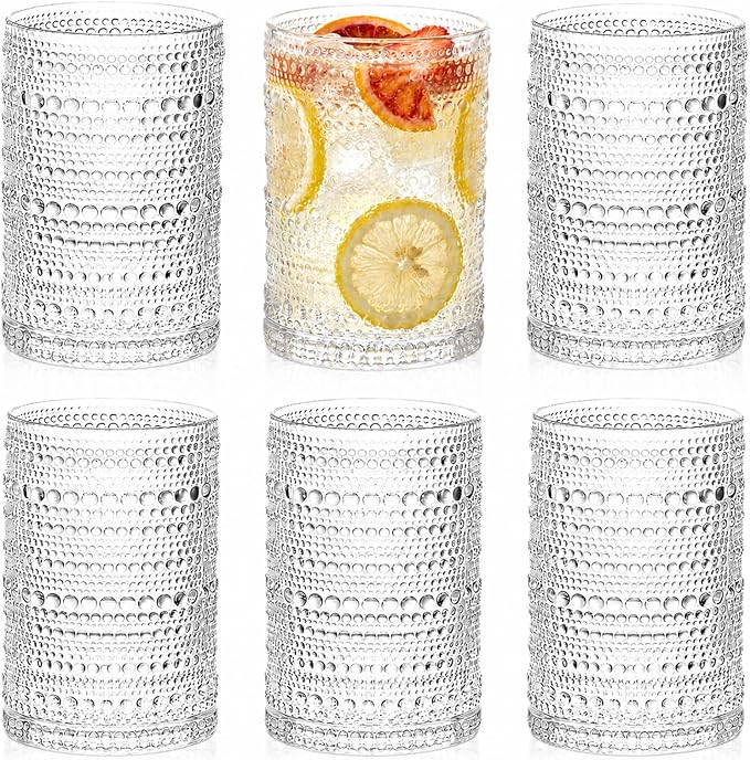 ZOOFOX Set of 6 Vintage Drinking Glasses, 13 oz Clear Hobnail Glasses Tumbler, Embossed Design Glassware for Beverages, Water, Juice, Beer, Cocktail, Whiskey and Milk by zoofox