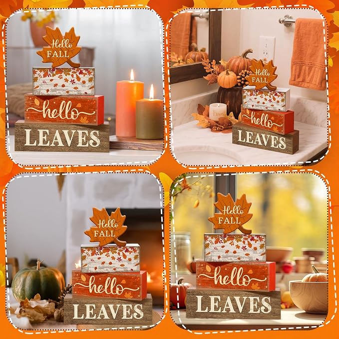 Moucuny 4 Pcs Fall Decor Wooden Maple Leaf Decoration Thanksgiving Tiered Tray Decor Rustic Wooden Maple Leaf Block Sign Thanksgiving Table Centerpiece Farmhouse for Autumn Harvest Party Kitchen Home - Image 4