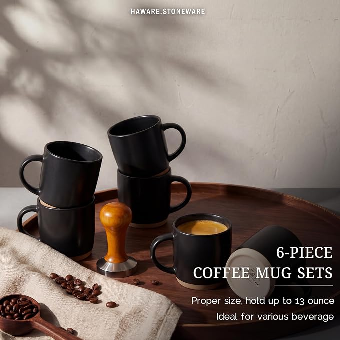 HaWare 13OZ Coffee Mugs Set of 6, Stoneware Coffee Cups, Ceramic Latte Mug for Man, Woman, Dad, Mom, Modern Tea Mugs for Latte/Cappuccino/Cocoa/Milk, Dishwasher& Microwave Safe, Frosting Black - Image 3