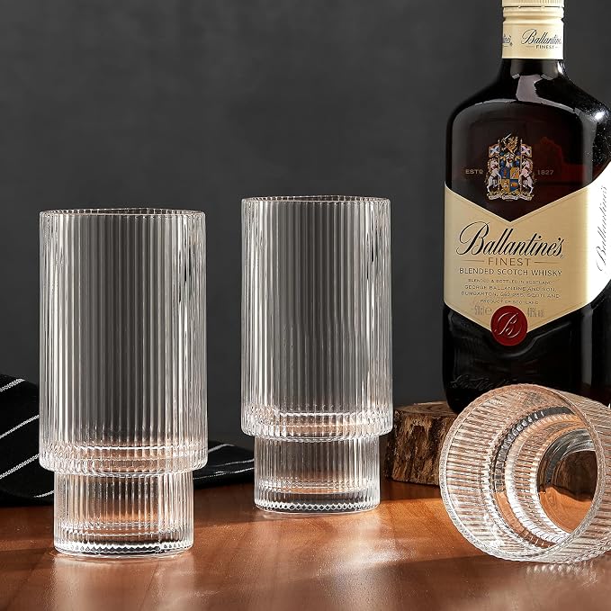 Qipecedm® 6 Pack Ribbed Drinking Glasses, 16 oz Vintage Glass Cups, Highball Glasses, Premium Iced Coffee Glasses, Clear Glass Tumbler, Cocktail Glasses, Elegant Glassware for Water Juice Whiskey Beer - Image 6