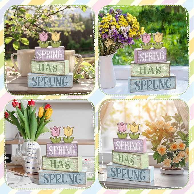 Moucuny 4 Pcs Spring Table Decorations Wooden Stacked Block Sign with Tulip Decor - "spring Has Sprung" Centerpiece Rustic Easter Tiered Tray Decorations Flower Signs for Home Kitchen Tabletop Mantel - Image 5