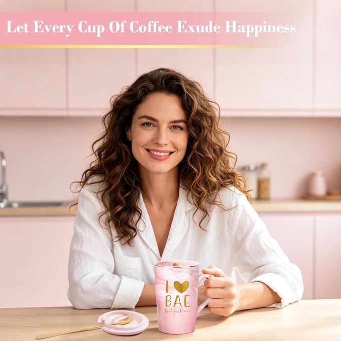 ShinnyWis Aunt Gifts for Aunts from Niece - Mothers Day Birthday Gifts for Aunt, 14Oz Pink Marble Ceramic Coffee Mugs Print with Real Gold, BAE Best Aunts Auntie Ever Gift Mug with Lid Spoon Card - Image 7