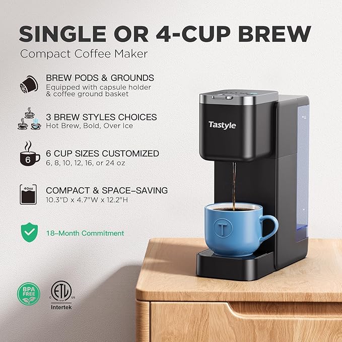 Tastyle Single Serve Coffee Maker for K Cups and Grounds with 3 Brew Styles | 40oz Removable Water Tank, 6 to 24oz Brew Size, Compact Design, Fits 7.3" Travel Mug, for Home, RVs and Office, K330IC, Black - Image 2