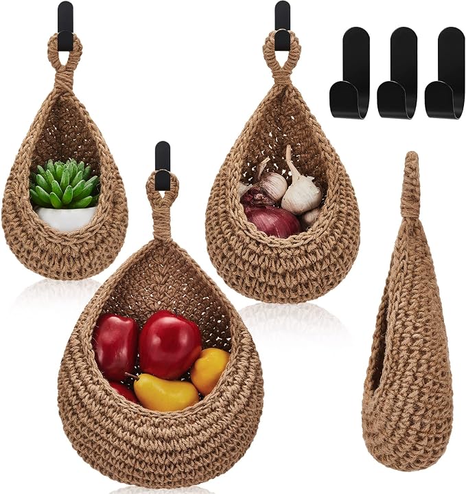 Honeydak Boho Decor Hanging Wall Baskets for Kitchen 3 Pack Teardrop Baskets with Hooks Storage Fruit Onion Vegetable Potato for Home 3 Sizes(Linen,Teardrop,Jute) by Honeydak
