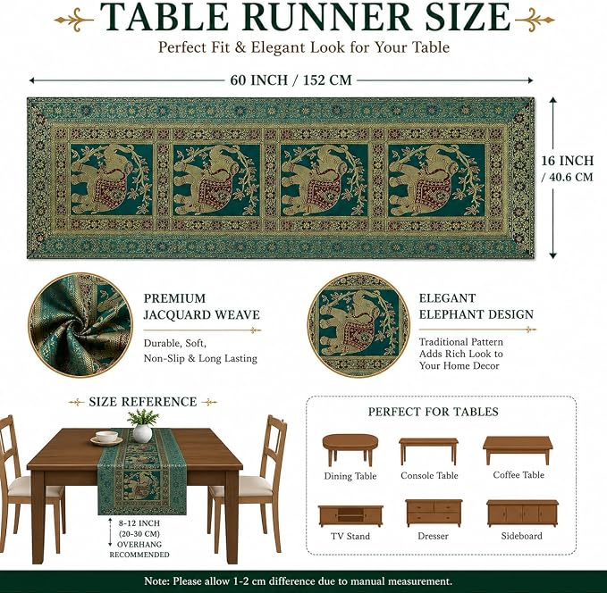 Indian Handmade Elephant Design Table Runner.Traditional Decorative Ethnic Kitchen Table Cloth for Wedding Bridal Birthday Party Decorations. 60 X 16 Green and Golden Color - Image 3