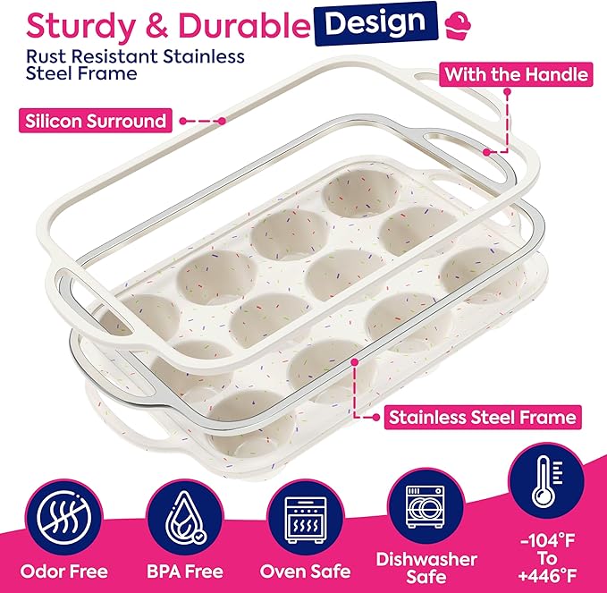 RICCLE 2 Pack Silicone Muffin Pan with Metal Reinforced Frame, 12-Cup Cupcake Pan, Silicone Muffin Tray Cupcake Baking Pan Molds, Molds for baking, Oven & Dishwasher Safe, BPA-Free