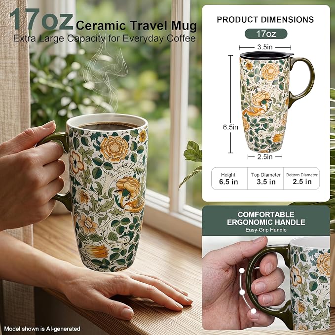Topadorn 17oz Ceramic Travel Mug with Lid, William Morris Bird & Rose | Coffee Mug with Handle, Vintage Botanical Latte Cup, Microwave & Dishwasher Safe - Image 2