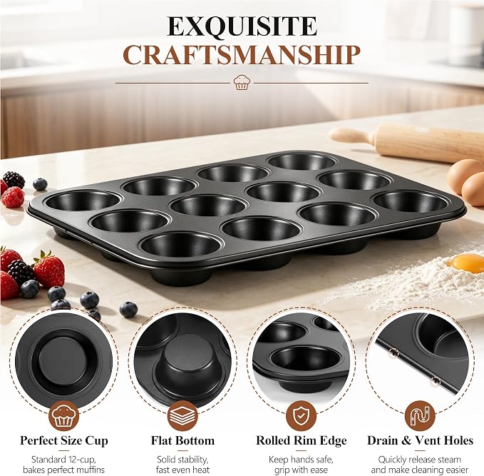 E-far 12-Cup Muffin Pan Tin, Nonstick Carbon Steel Cupcake Pan Tray | Metal Bakeware Muffin Baking Tins for Oven, Standard Size, Ideal for Muffins, Cake Tart, Brownies, Easy Clean & Non-toxic - Image 3