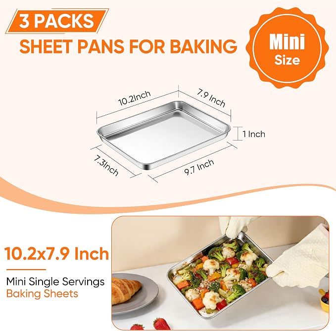 LIANYU Stainless Steel Tray for Baking, 10.2x7.9 Small Cookie Baking Sheet | 3PCS Metal Cooking Sheet Tray for Oven, Rust Free & Mirror Finish, Dishwasher Safe, Heavy Duty, Rust Resistant, No Coating - Image 2