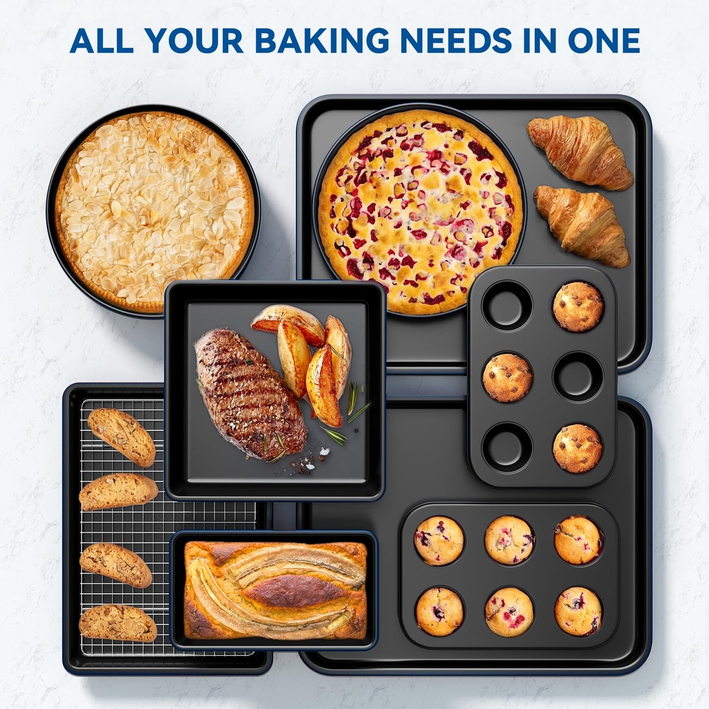 Wildone 13-Piece Baking Pans Set Nonstick - Stackable Bakeware Sets Including Cookie Sheets for Baking, Rack, Muffin Pan, Cake pan, Loaf Pan, Roasting Pan, Heavy Duty & Easy Clean, Plum