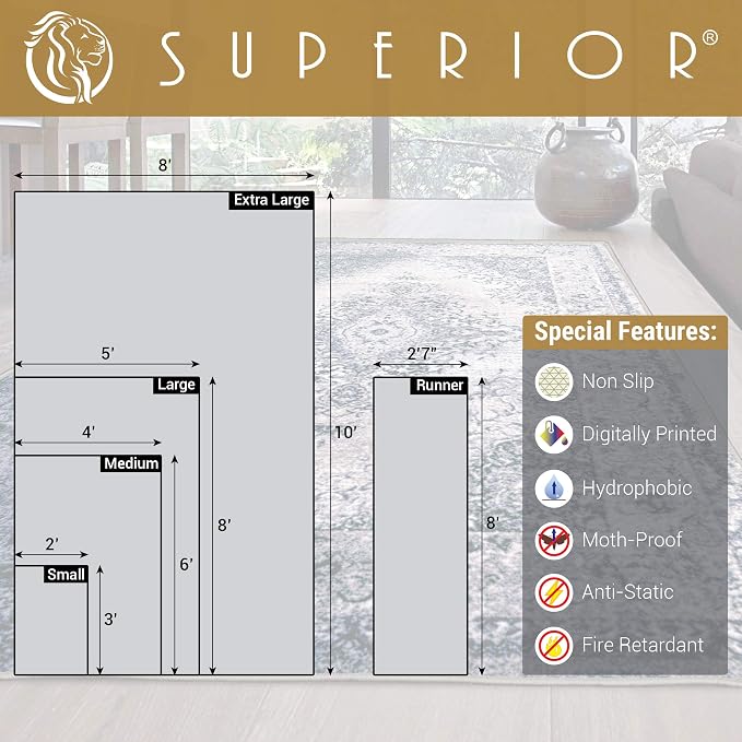 SUPERIOR Indoor Large Area Rug, Washable Rugs for Bedroom. Living Space, Dining Room, Kitchen, Office, Entryway, Plush Throw, Modern Oriental Decor, Non-Slip Back, Eldwin Collection, 6' x 9', Grey - Image 3