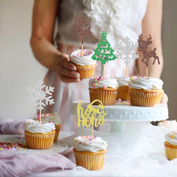24 Pack Christmas Cupcake Toppers Xmas Tree Snowflake Cupcake Picks Christmas Eve Party Baby Shower Birthday Party Cake Decorations Supplies - Image 5