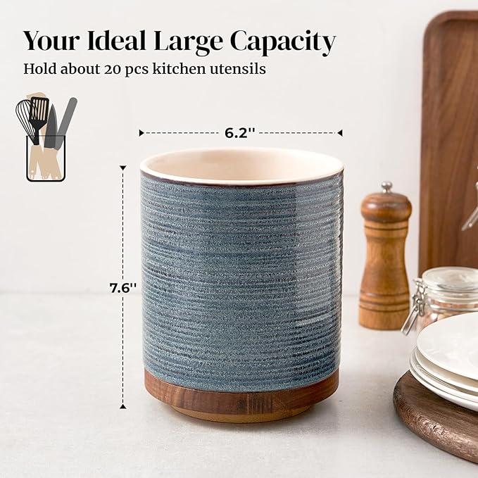 DOWAN 360° Rotating Extra Large Cooking Utensil Holder, 7.6" Kitchen Utensil Holder for Countertop, Utensil Crock for Farmhouse Kitchen Decor, Ceramic Stable Utensil Caddy, Blue - Image 2