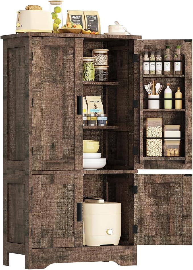 TEENFON Storage Cabinet with 4 Doors, 43.3" H Farmhouse Kitchen Cabinet with 6 Door Shelves, Kitchen Storage Cabinets with Adjustable Shelves, for Living Room, Antique Oak by TEENFON