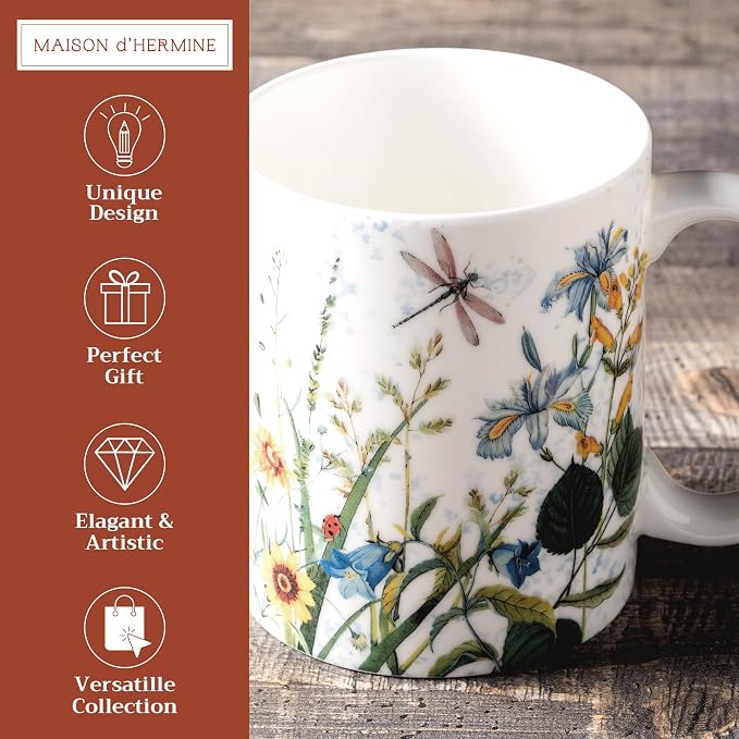 Maison d' Hermine Coffee Mug with Handles Tea Cups (12 Ounce, Pack of 1) | Fine Bone China Coffee Mugs for Hot Beverages Cappuccino Latte Home Restaurant Hotel Spring Summer -Fleurs De Mai - Prairie - Image 2