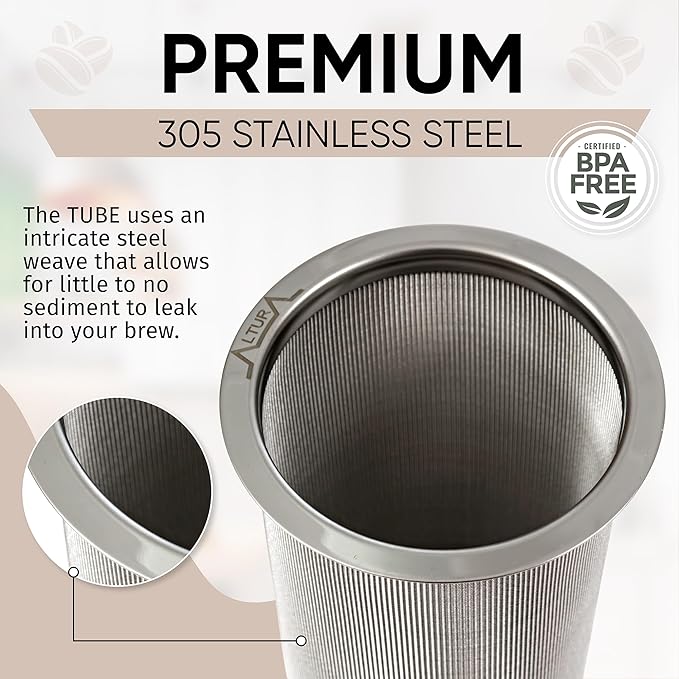 Altura The TUBE Cold Brew Coffee Maker and Tea Infuser for Wide Mouth Mason Jars - Stainless Steel Cold Brew Filter Strainer for Iced Coffee, Fruit Water & More - (32oz/1qt)
