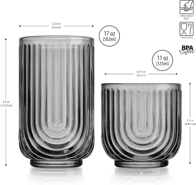 Glaver's 8 Piece Smoke Glassware Set, Art Deco Black Drinking Glasses, Ribbed U-Shape Design, 4 Highball 17oz and 4 Whiskey 11oz DOF Arch Drinkware - Image 3