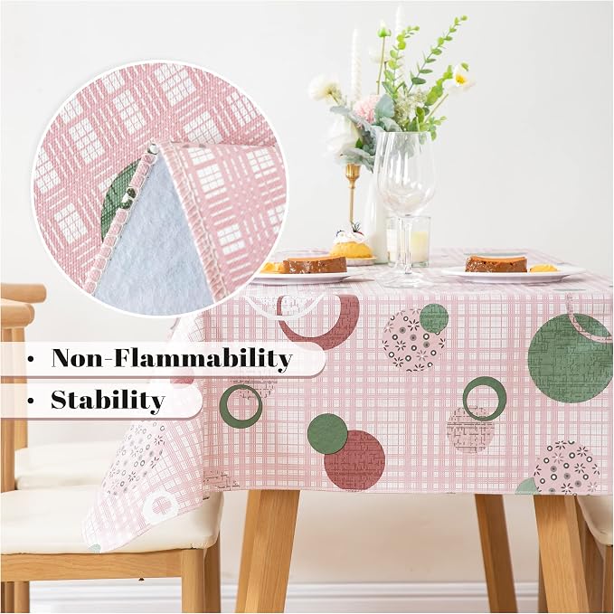 FIFTY FEET 84 * 60 Inch Rectangle Tablecloth, Vinyl Tablecloth with Flannel Backing for Rectangle Tables, Spill Proof Plastic Picnic Table Cover for Dining/Camping/Indoor/Outdoor(Pink Plaid) - Image 8