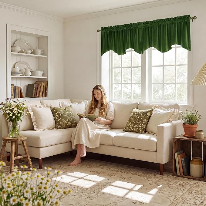 Moss Green Scalloped Velvet Valance 52x18 Inch 1 Panel | Thick Wavy Green Kitchen Curtains, Decorative Small Window Treatment for Living Room, Bathroom, Rod Pocket - Image 3