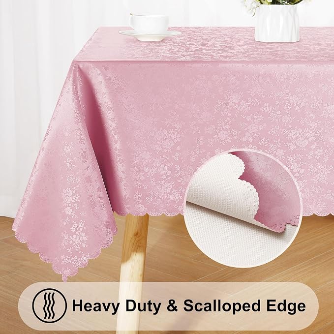 Smiry Rectangle Waterproof Heavy Duty Vinyl Tablecloths, 60 x 84 Inch | Wipeable Washable Floral Embossed Table Cover for Kitchen and Dining Room, Indoor & Outdoor Use, Dirty Pink - Image 4