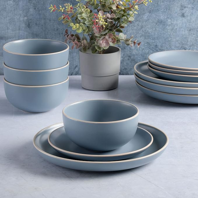 Gibson Home Rockaway 12-Piece Round Stoneware Dinnerware Set, Service for 4 – Blue Plates and Bowls, Microwave & Dishwasher Safe - Image 5