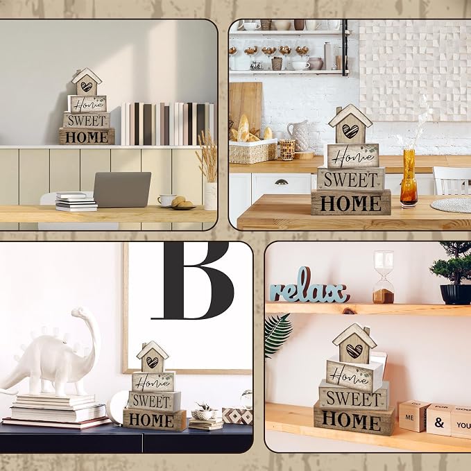 Moucuny 4 Pcs Farmhouse Table Decor Rustic Home Sweet Home Tiered Tray Decorations Retro Wooden House Shaped Block Signs Farmhouse Stacked Table Decoration for Housewarming Gifts Kitchen Mantle Shelf - Image 8