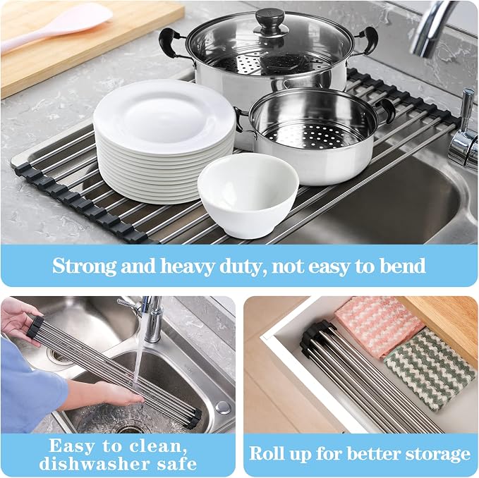 Seropy Roll Up Dish Drying Rack Over The Sink Drying Rack for Kitchen Counter, Folding Dish Rack Over Sink Mat, Stainless Steel Dish Drainer Rack Kitchen Sink Organizer Accessories 17.5"x13.7" - Image 7