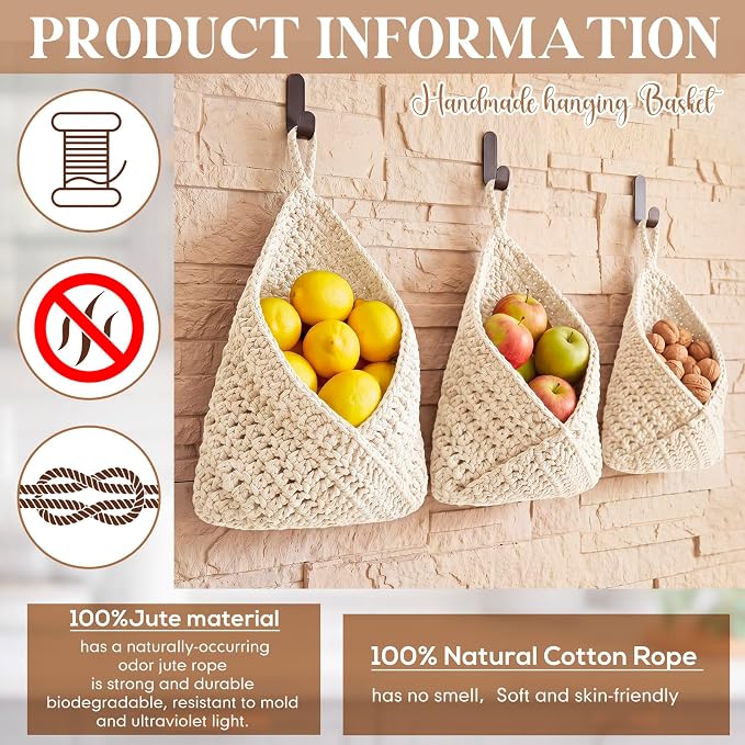 Honeydak Boho Decor Hanging Wall Baskets for Kitchen 3 Pack Teardrop Baskets with Hooks Storage Fruit Onion Vegetable Potato for Home 3 Sizes (White,Triangle,Cotton Rope) - Image 5