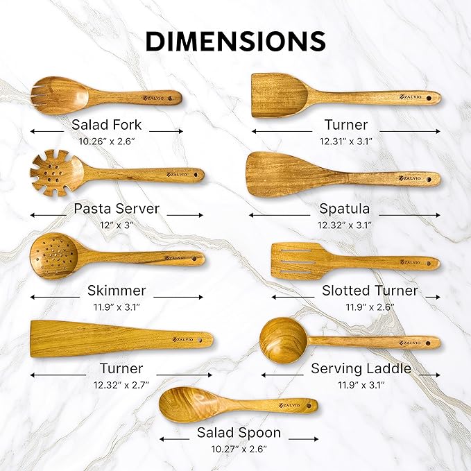 Zalvio 10-Piece Acacia Wood Utensil Set – Handmade Wooden Spoons with Spoon Rest | Heat-Resistant Eco-Friendly Cooking Tools for Nonstick Cookware