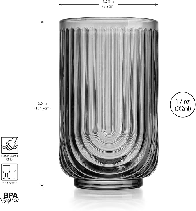 Glaver's Vintage Glassware - Art Deco Ribbed Drinking Glasses, U-Shape Arch Design Colored Cocktail Decorative Party Everyday Kitchen Tumblers, Hand Wash Only (Smoke S/4 17oz) - Image 7