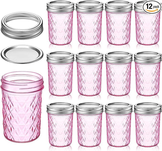 Zhehao 12 Pack 8 oz Colored Mason Jars with Lids, Mini Regular Mouth Canning Jelly Honey Jars for Wedding Shower Favors DIY Candle Holding Spice Jam Fruit Smoothie Salad Dressing Ketchup (Pink) by Zhehao