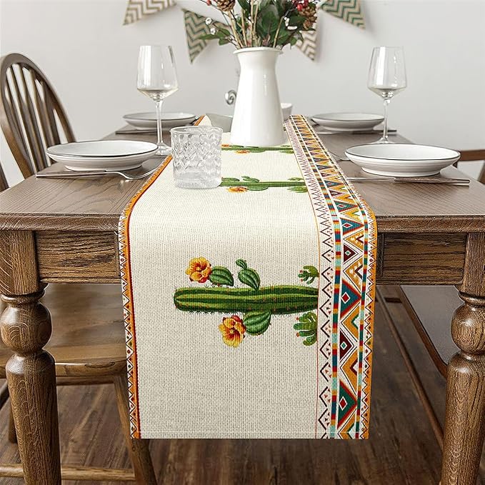 jejeloiu Green Cactus Table Runner,13" x 108" Boho Western Dresser Scarfs Aztec Decor Dresser Runners Southwestern Table Decor for Kitchen - Image 3