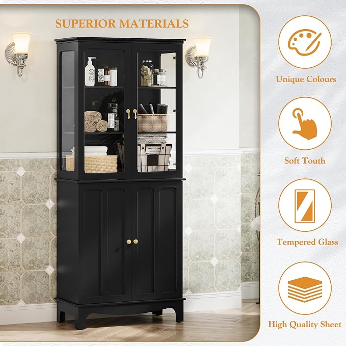 72" Tall Kitchen Pantry Cabinet with Glass Door and Adjustable Shelves, Vintage Food Storage Cabinet for Kitchen, Dining Room, Living Room, Black - Image 5