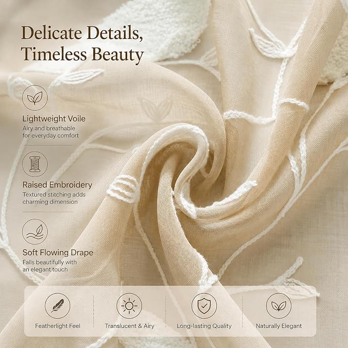 Sheer Curtains 84 Inches Long, White Bird Embroidered Taupe Sheer Curtain Window Treatments for Living Dining Room, Rod Pocket, W54 X L84, 2 Panels - Image 5