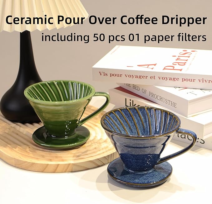 Ceramic Coffee Dripper includes 50 Filters 01 Pour Over Coffee Maker Porcelain V Hand Brewed Set Pottery Artisanal Drip Brew Barista Gift for 1-2 People Travel Camping Office Home