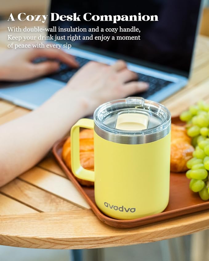 12oz Insulated Coffee Mug with Lid – Includes Two Lids, Stainless Steel Coffee Travel Mug with Handle, Double Wall Vacuum Insulated Camping Mug for Home, Office & Outdoor, Yellow - Image 5