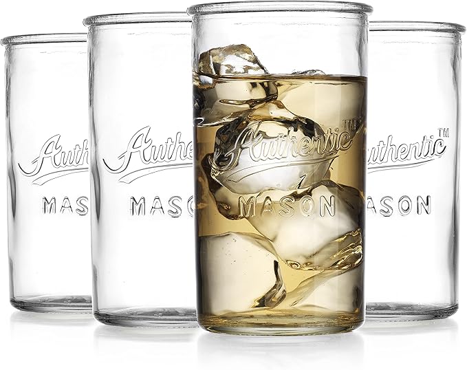 Glaver's Drinking Glasses – Set of 4 Authentic Mason Vintage Glassware – Clear Glass Tumblers for Cocktails, Water, Juice – Embossed Vintage Drinking Glasses by Glavers