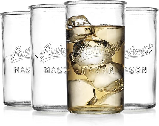 Glaver's Drinking Glasses – Set of 4 Authentic Mason Vintage Glassware – Clear Glass Tumblers for Cocktails, Water, Juice – Embossed Vintage Drinking Glasses by Glavers