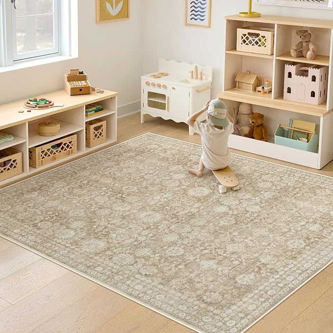 6x9 Area Rugs for Living Room: Washable Vintage Floral Rug Low Pile Non-Slip Boho Carpet for Nursery Bedroom Dining Room (Brown, 6'x9') - Image 2