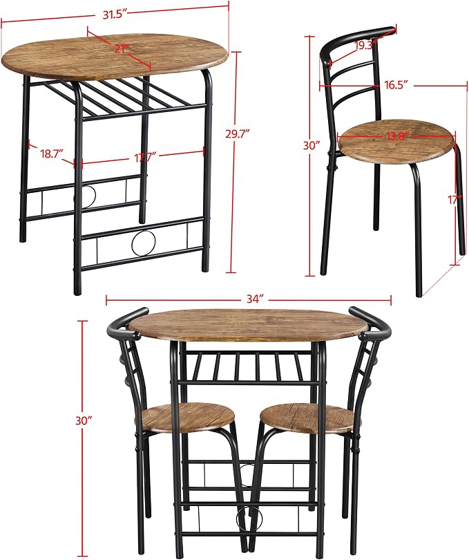 Yaheetech 3-Piece Dining Table Set, Breakfast Bistro Table Set for 2, Small Kitchen and Table Chairs Set of 2 with Metal Frame and Storage Rack for Small Space/Apartment/Dorm Room, Brown - Image 3