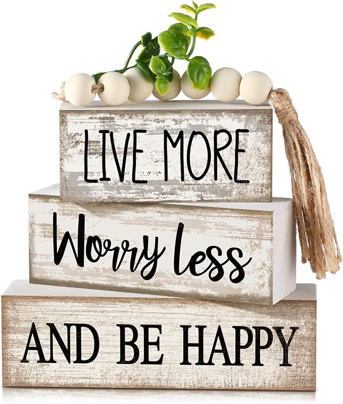 Moucuny 4 Pcs Inspirational Farmhouse Table Decor Rustic Stacked Wooden Block Sign - Live More Worry Less Be Happy Centerpieces Set with Beaded Tassel and Artificial Plant for Home, Office, Shelf Gift by Moucuny
